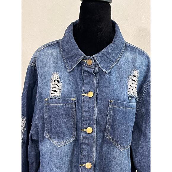 Oversized Distressed Denim Jacket Grunge Y2K Festival Longline Shacket XL - Picture 3 of 14
